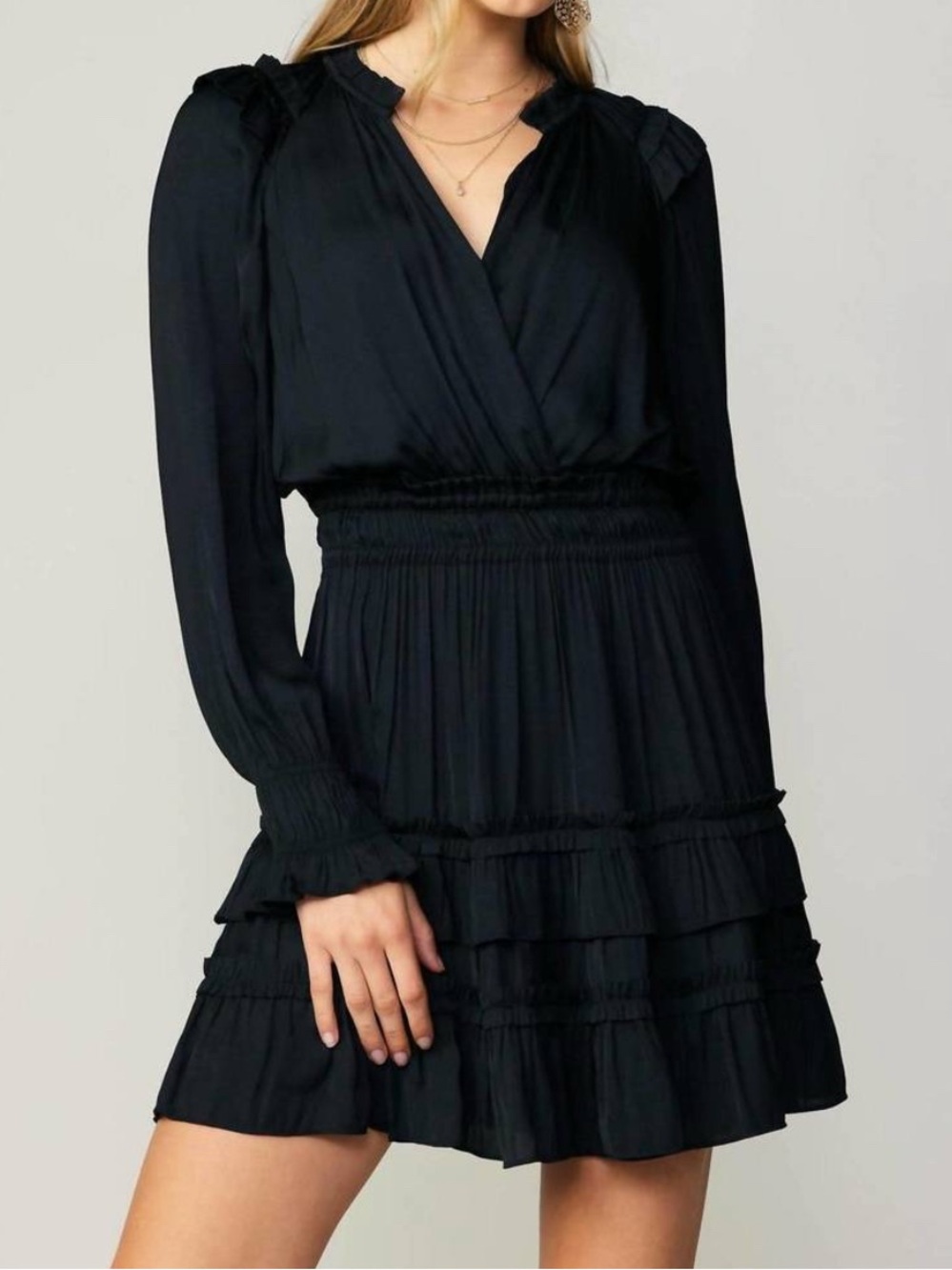 Current Air Autumn Ruffled Surplice Mini Dress in Black